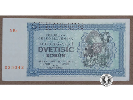 2000 Korunová poukážka - 1945 - Česko-Slovensko - SPECIMEN