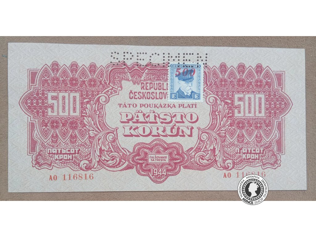 500 Korunová poukážka kolkovaná - 1944 - Česko-Slovensko - SPECIMEN