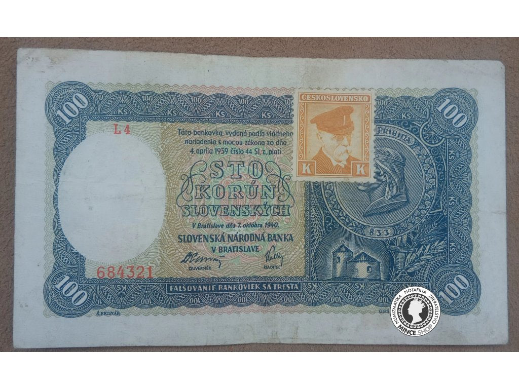 100 Korún koľkovaných - 1940 - Slovenský Štát / Česko-Slovensko