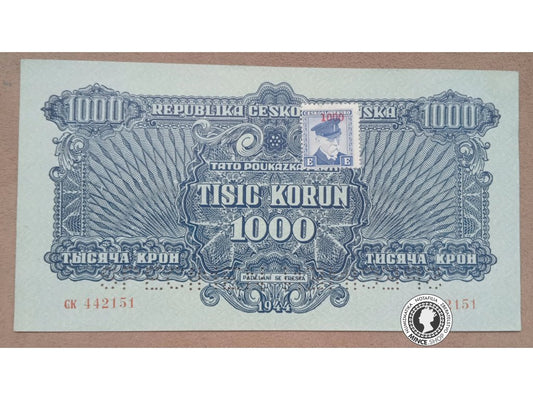 1000 Korunová poukážka kolkovaná - 1944 - Česko-Slovensko - SPECIMEN SPECIMEN