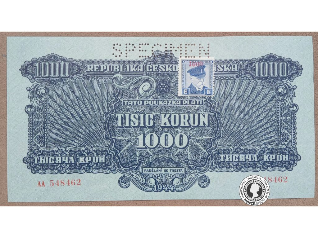 1000 Korunová poukážka kolkovaná - 1944 - Česko-Slovensko - SPECIMEN