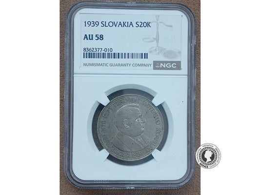 20 koruna - Slovenský Štát - 1939 - Dr. Jozef Tiso - kvalita AU 58